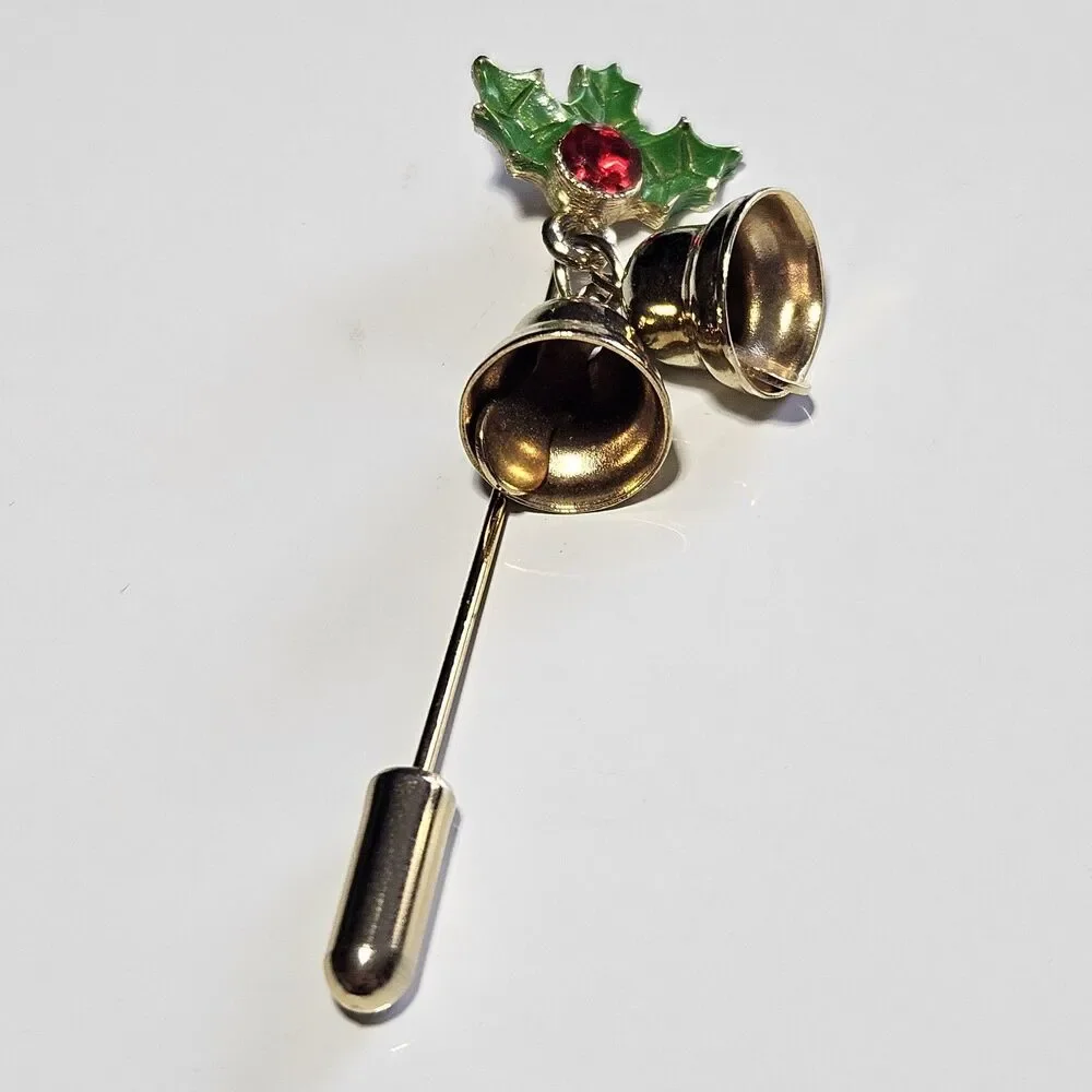 Vintage Christmas Stick Pin Red Rhinestone Green Holly Leaves Gold Tone Bells